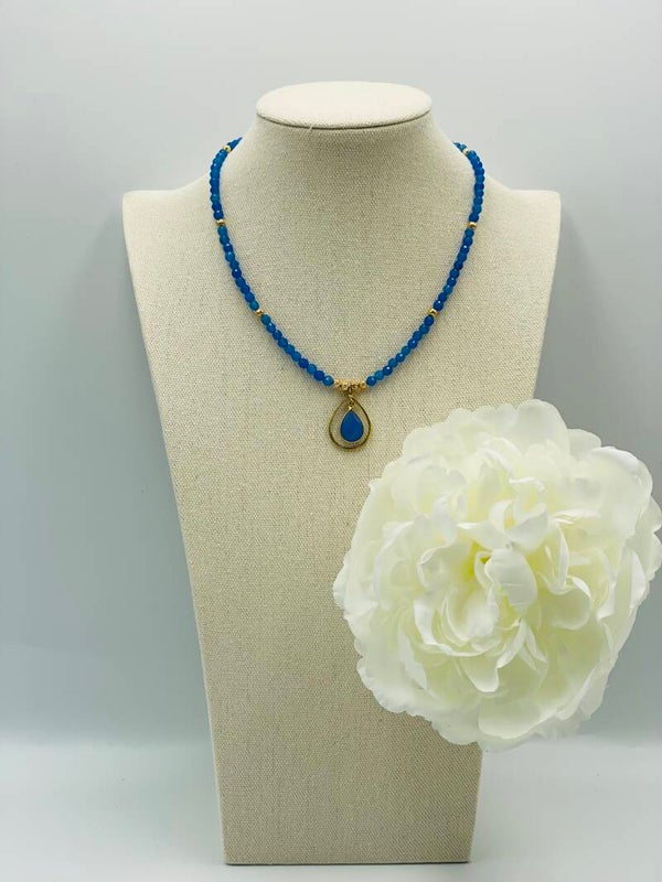 Collier perles jade bleu - pendentif calcédoine
