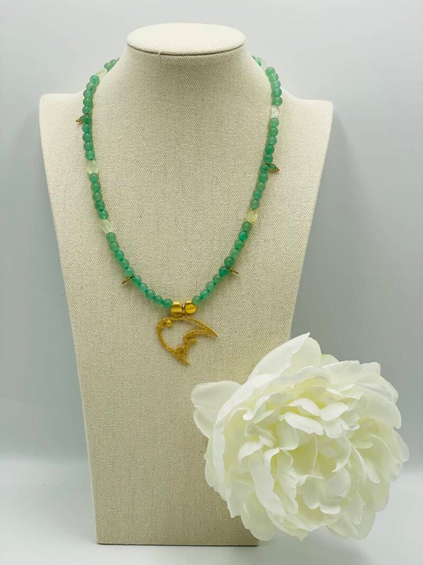 Collier perles aventurine - pendentif poisson or