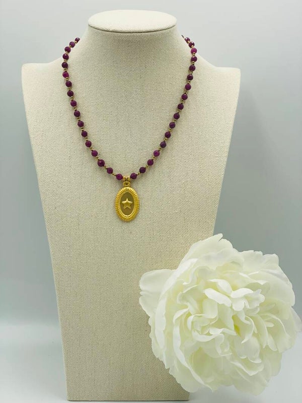 Collier perles améthyste - pendentif médaille étoile or