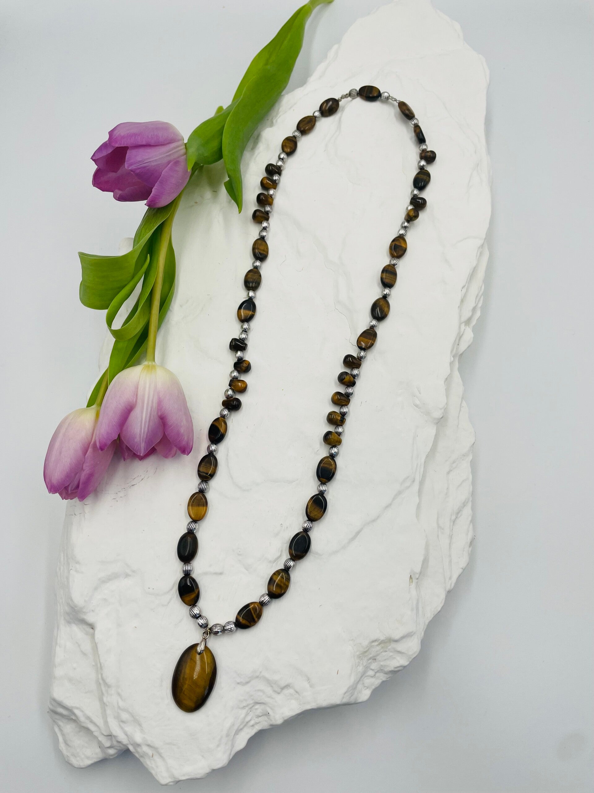 Sautoir perles d'oeil de tigre - pendentif oeil de tigre