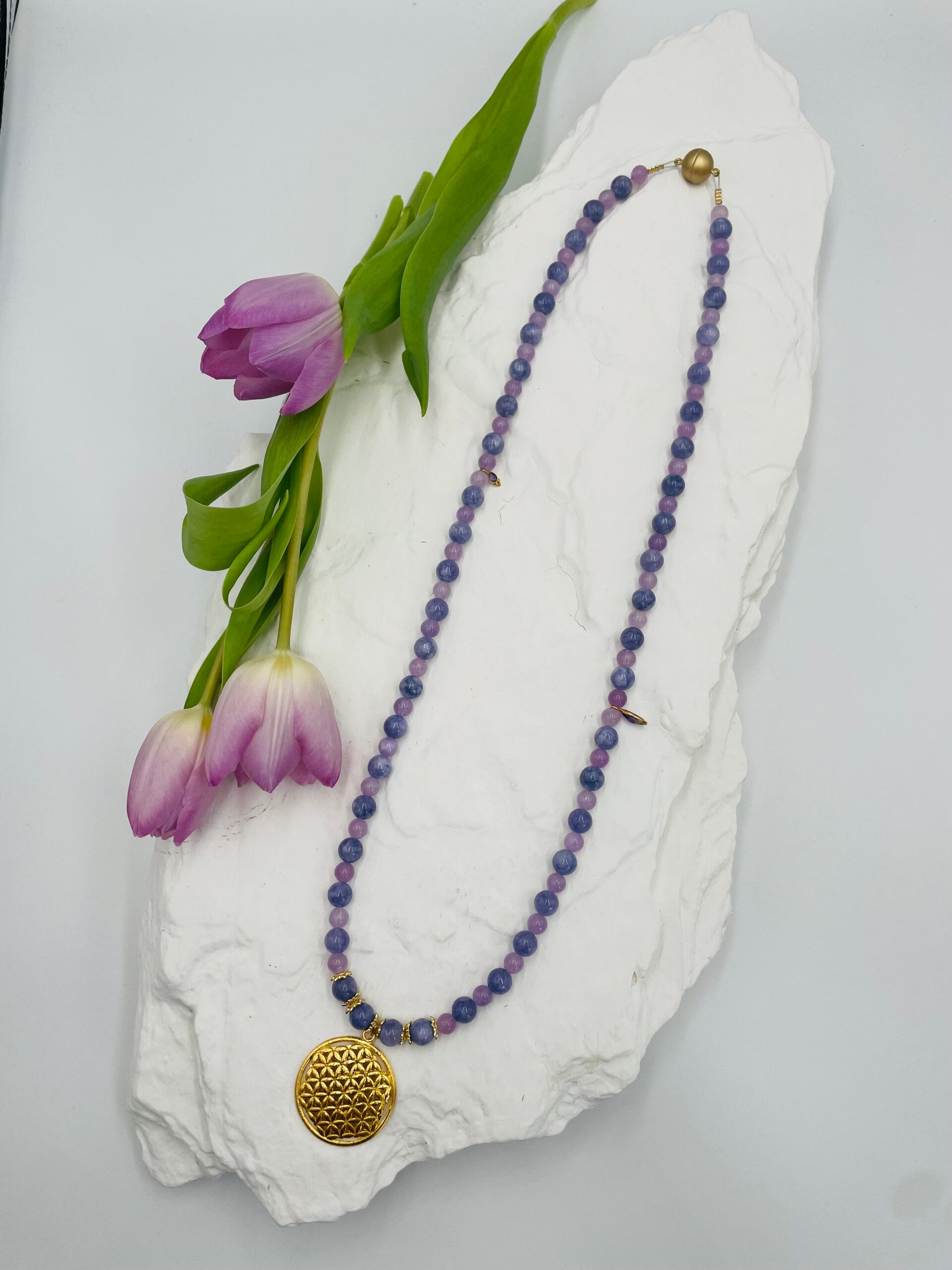 Sautoir perles aquamarin, ametrine - pendentif fleur d'or