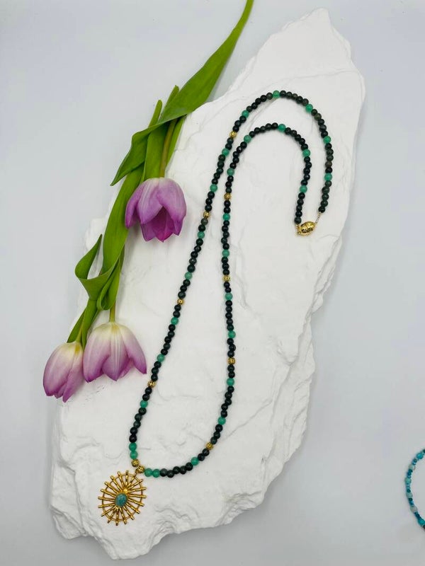 Sautoir perles jasme océan - pendentif soleil perle amazonite