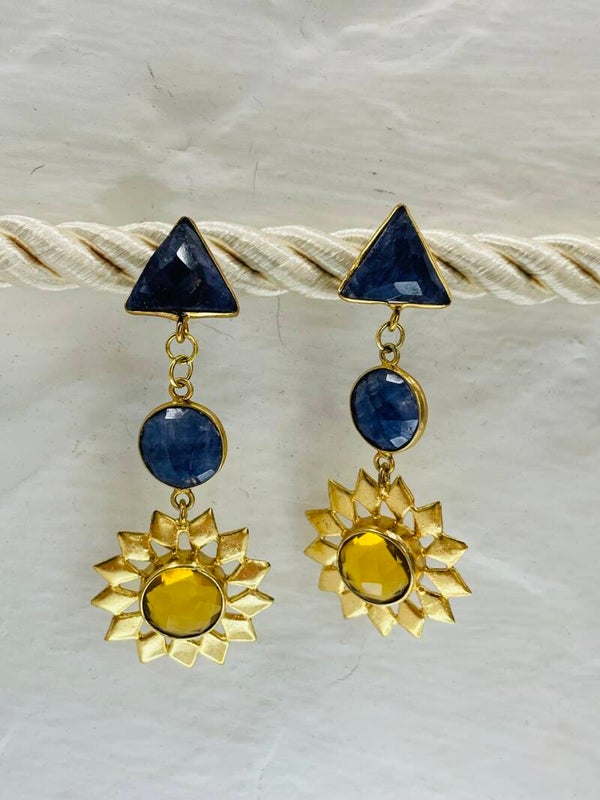 Boucle d'oreille longue fleur tournesol citrine - saphir