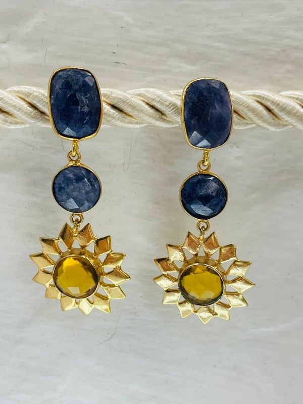 Boucle d'oreille longue fleur tournesol citrine - saphir