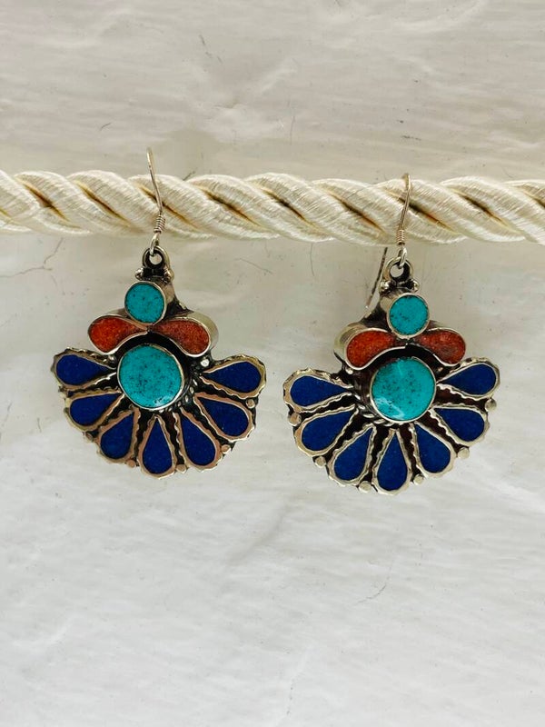 Boucle d'oreille éventail lapis lazuli - turquoise argent