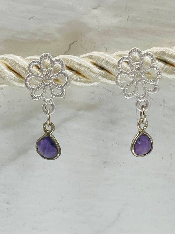 Boucle d'oreille fleur argent - améthyste