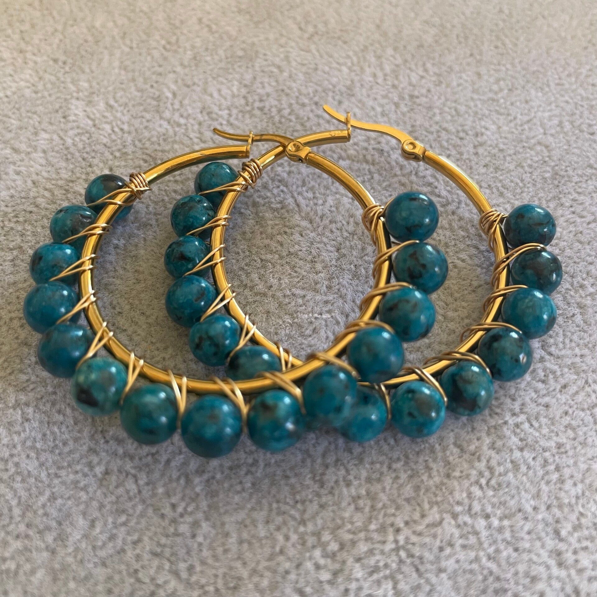 Boucle d'oreille créole grande - bleu vert marbré