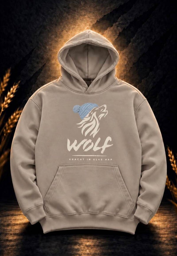WOLF hoodie – taupe met blauwe muts – maat M