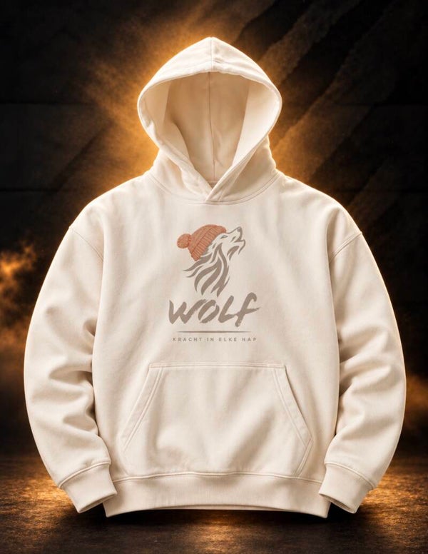 WOLF hoodie – beige met oranje muts – maat M