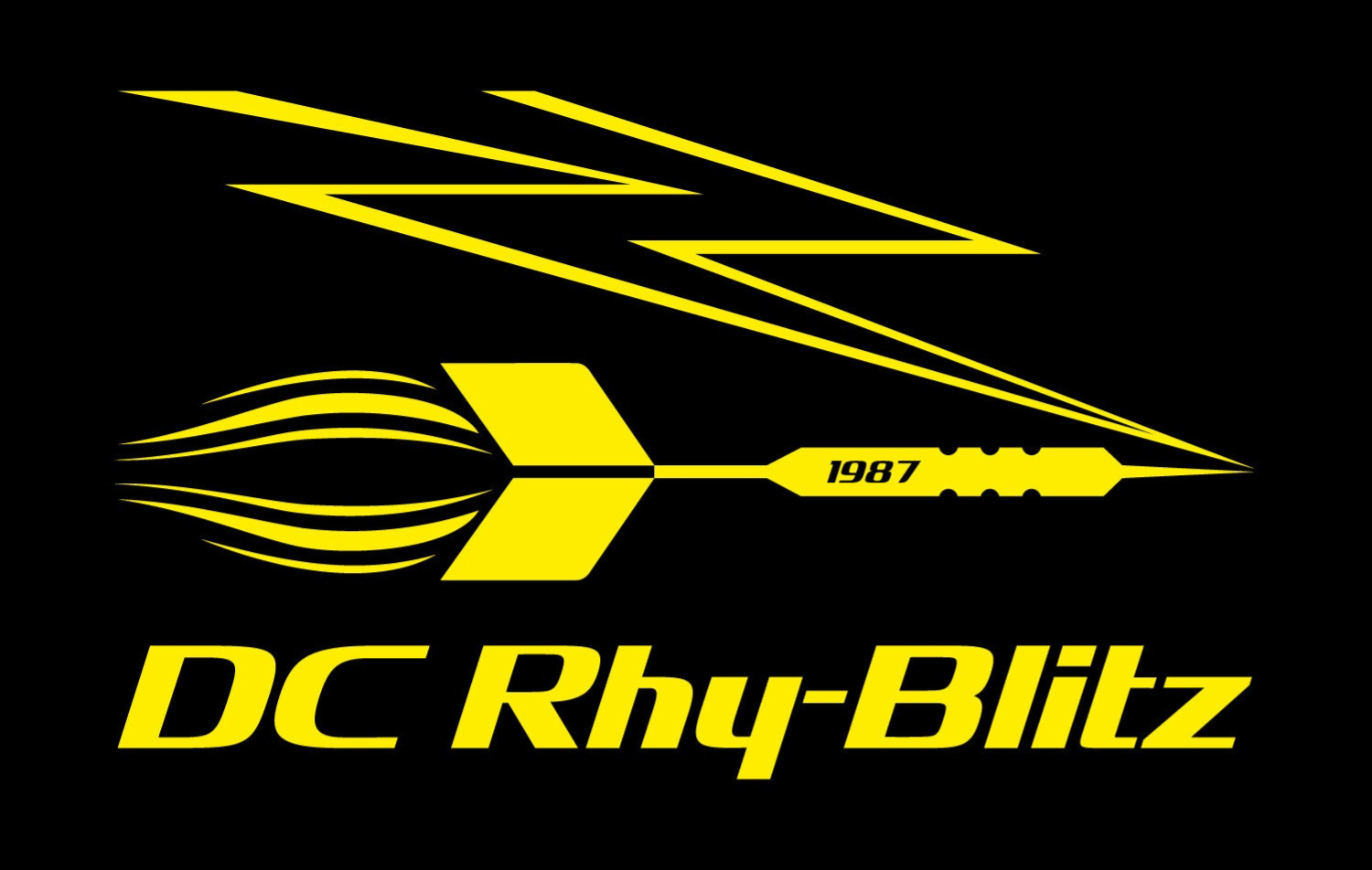 Es ist ein Steeldart Pfeil zu sehen, der einen Blitz erzeugt und geschwindigkeitsstreifen hinter sich herzieht. Darunter steht der Schriftzug "DC Rhy-Blitz".