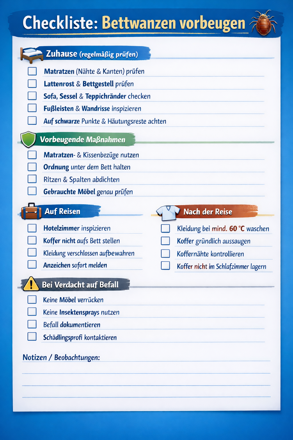 Checkliste gegen Bettwanzenbefall