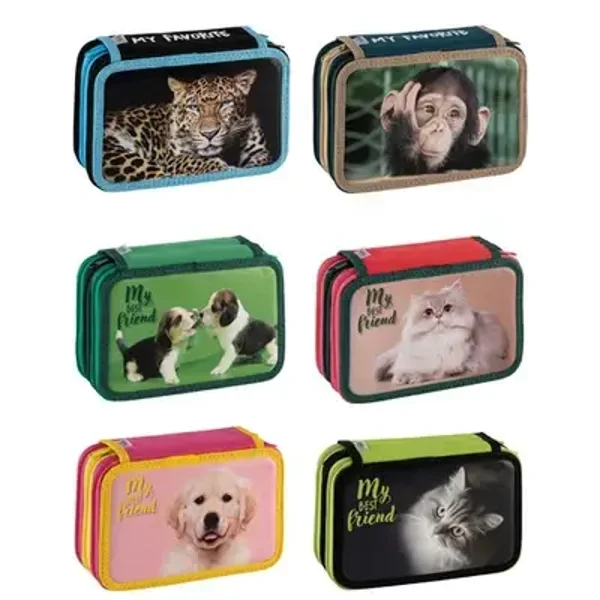 FAVORIT - Astuccio 3 zip animal world - 12 pastelli + 18 pennarelli