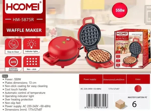 Hoomei HM 5875R Waffle Maker Macchina per Waffle 550W Antiaderente