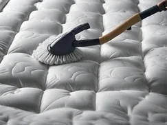 "Close-up of a brush attachment being used to sanitize a mattress, demonstrating the thorough and professional mattress sanitizing services offered by Tegridy Carpets."