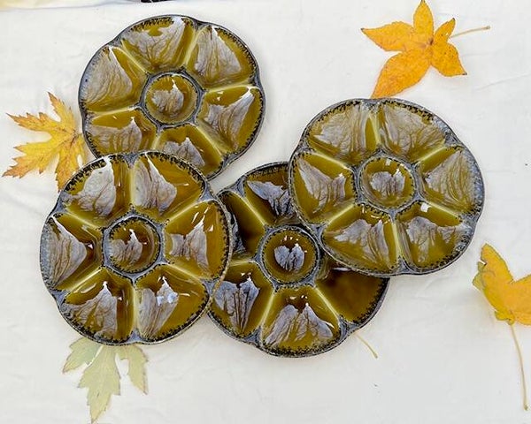 Série 4 anciennes assiettes à huîtres gien céramique verte vintage