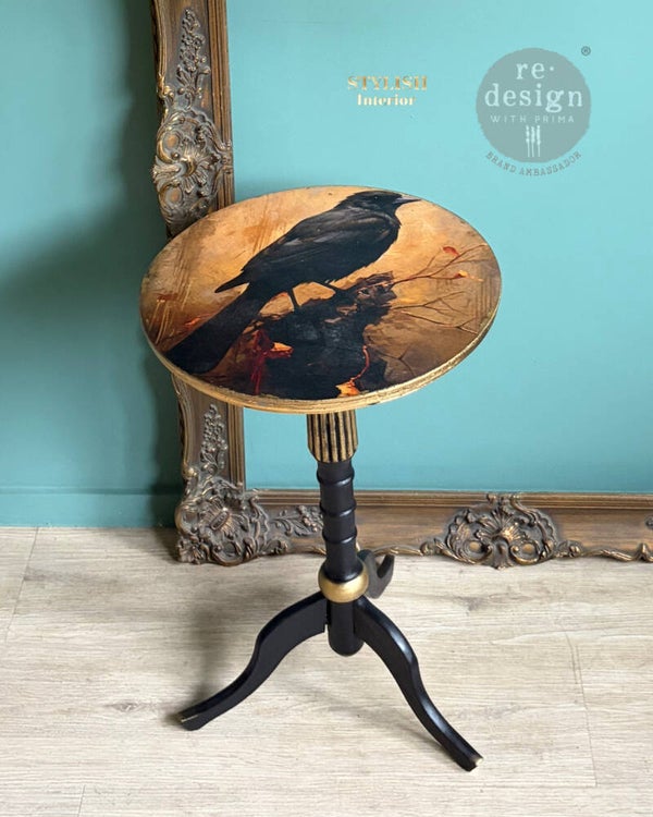 Bijzonder rond vintage tafeltje met kraai
