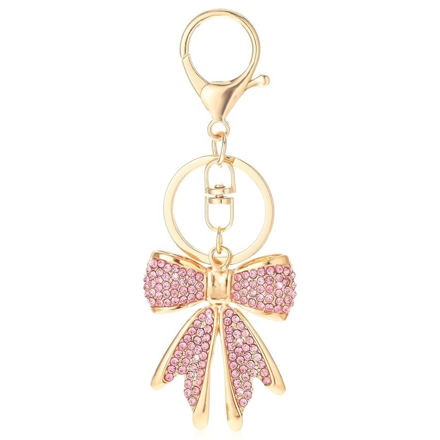 Sleutelhanger Tashanger Strik goud met roze steentjes