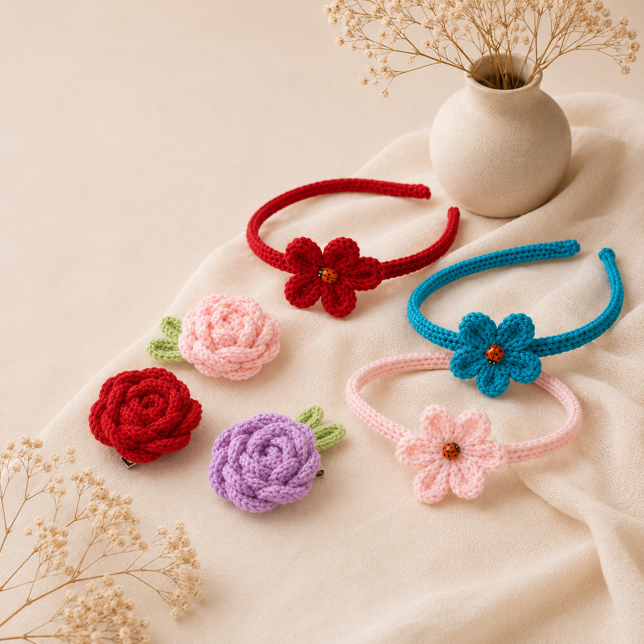 Accessoires cheveux en tricotin et crochet faits main Textile Jessy, créations féminines raffinées