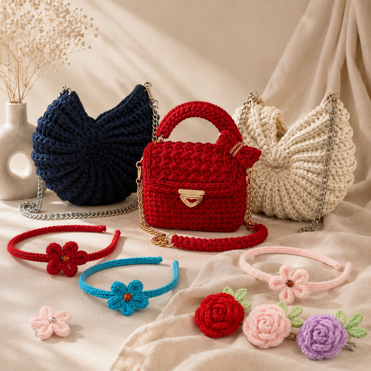 Collection de sacs au crochet faits main Textile Jessy, pièces artisanales féminines et élégantes