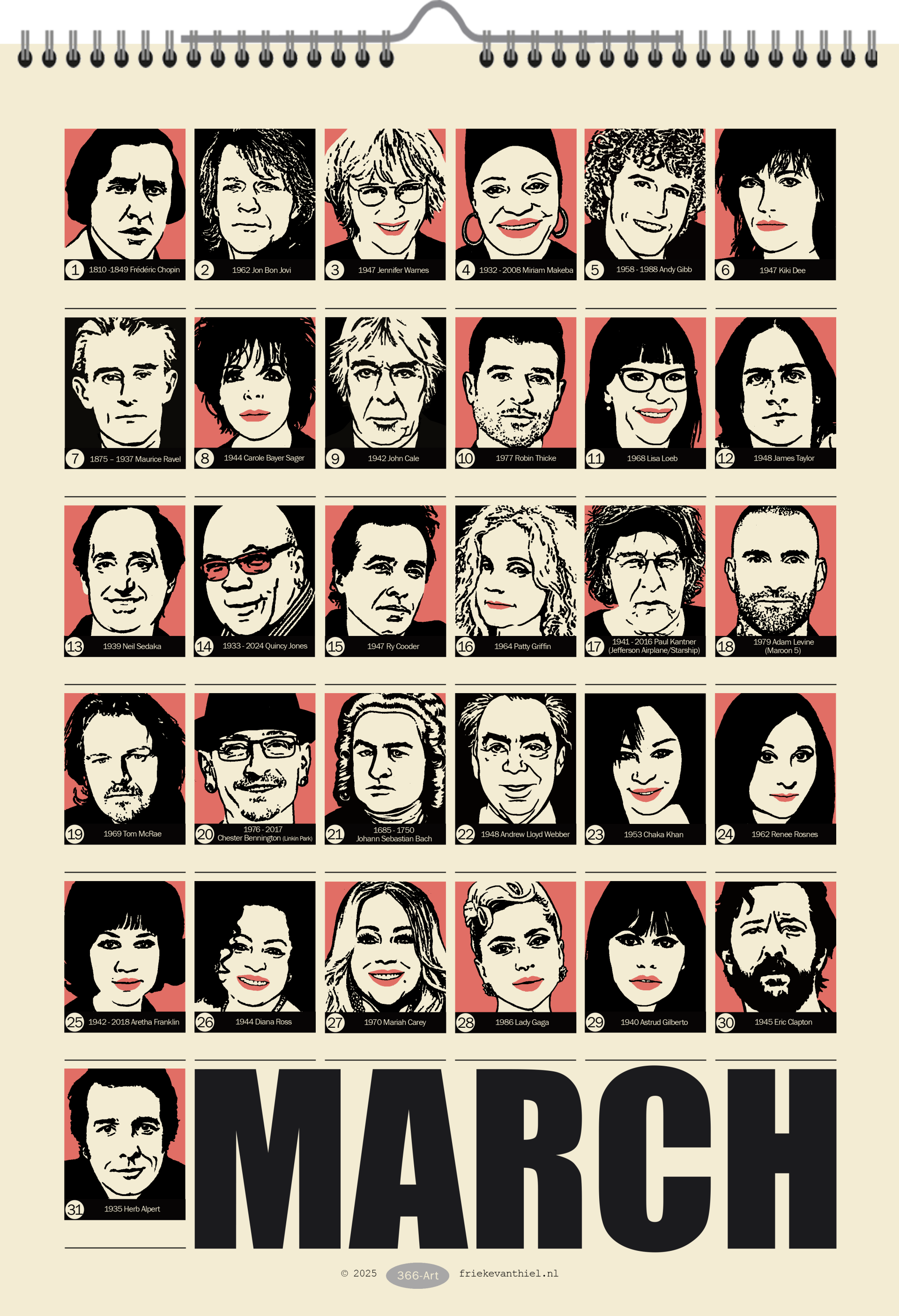 366 world famous musicians calendar