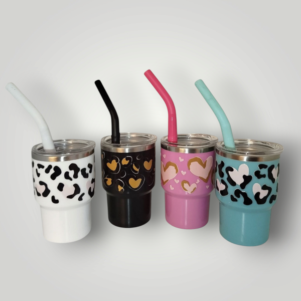 Mini Thermobecher mit Deckel und Strohhalm und Wunschmotiv