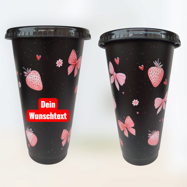 Trinkbecher Schwarz Erdbeere Rosa mit Wunschtext