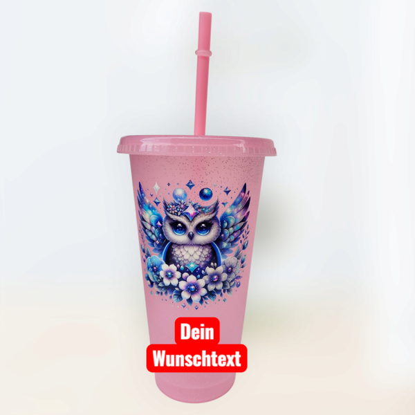 Trinkbecher Rosa Eule mit Wunschtext