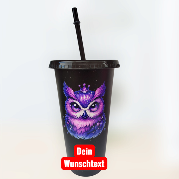 Trinkbecher Schwarz Eule Lila mit Wunschtext