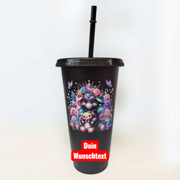 Trinkbecher Schwarz Einhorn 2 mit Wunschtext