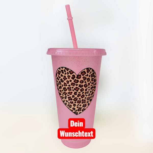 Trinkbecher Rosa Leoherz mit Wunschtext
