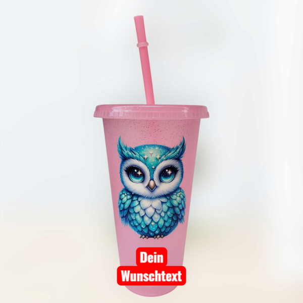 Trinkbecher Rosa Eule Blau mit Wunschtext