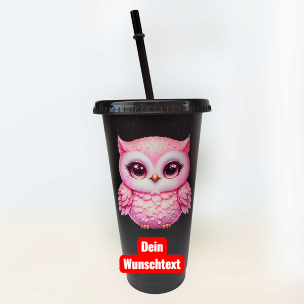 Trinkbecher Schwarz Eule Rosa mit Wunschtext
