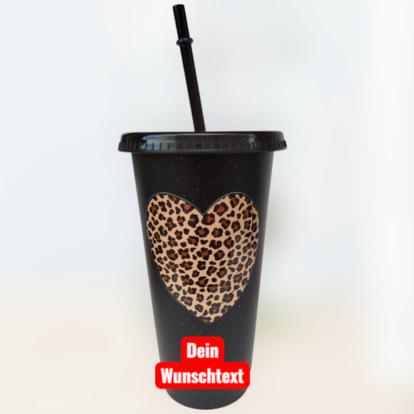 Trinkbecher Schwarz Leoherz mit Wunschtext