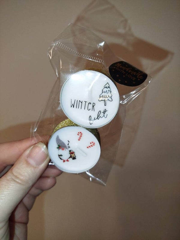 XMAS 2er Teelichter Gold mit Weihnachtstattoos