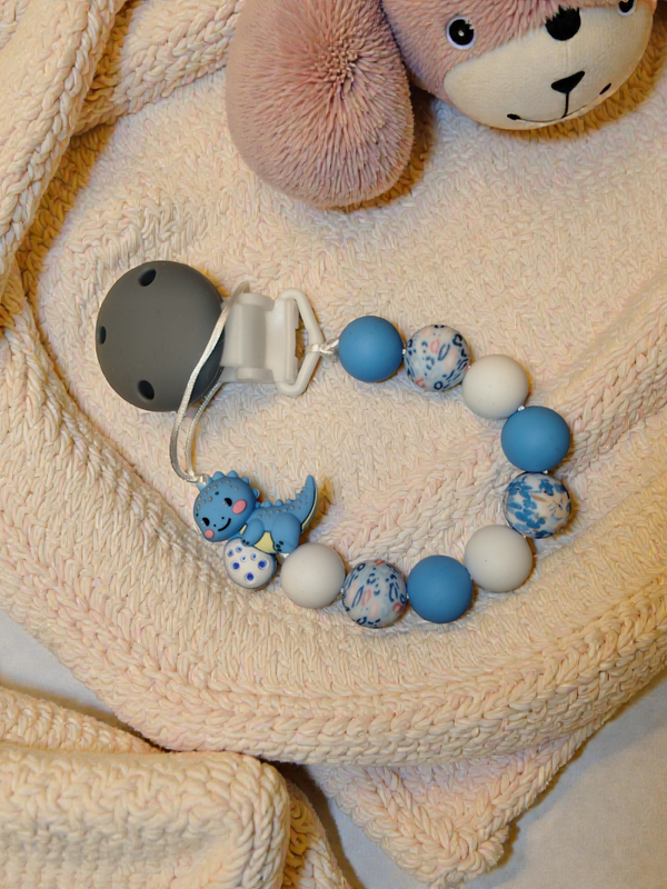 Schnullerkette Dino Blau mit Wunschname