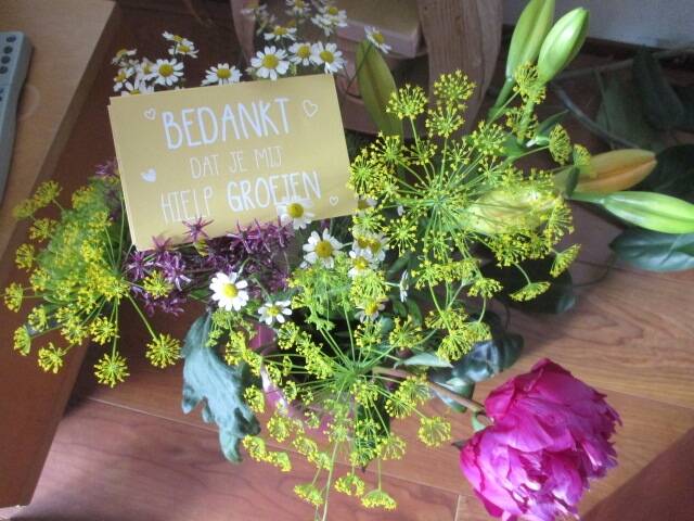 Bloemen met kaart Bedankt dat jij me hielp groeien