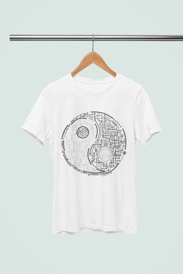Unisex Wit T-shirt – Yin en Yang Grafische Print met Technologie Motief
