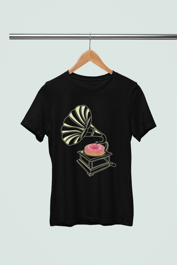 Unisex T-shirt – Vintage Grammofoon met Donut Grafische Print