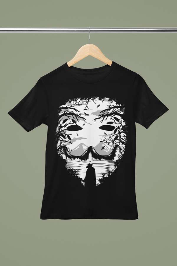 Unisex Dark Masker T-shirt met Mysterieus Landschap