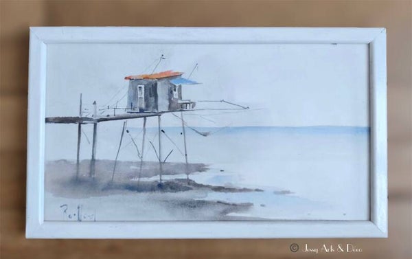 Aquarelle Originale Panoramique – Cabane de Pêche au Carrelet (Atlantique / Charente)
