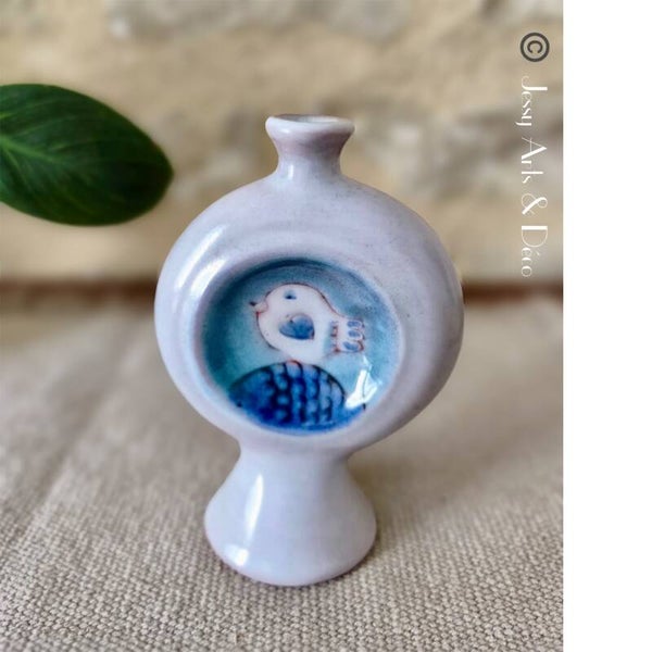 Vase Soliflore "Médaillon" à l'Oiseau – Robert & Jean Cloutier, Céramique Vintage Années 60
