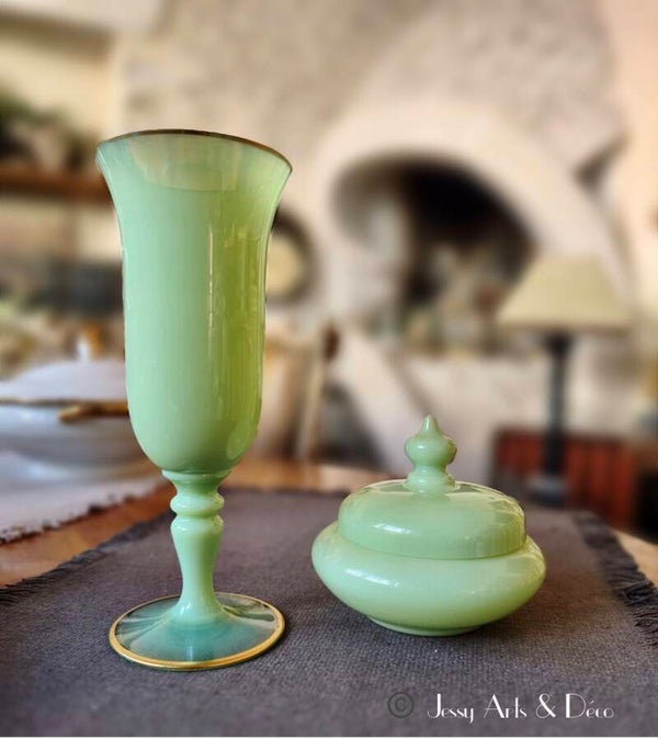 🍀 Vase Cristal Sèvres avec coffret et bonbonnière en opaline verte