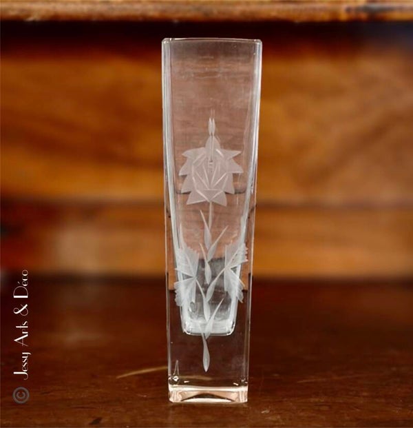 Vase carré en verre à décor floral – 25 cm