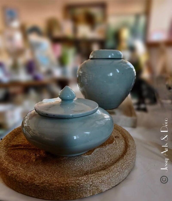 🩵🩶 Deux pots couverts en grès émaillé bleu céladon