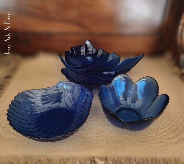 Trio de coupelles décoratives bleu cobalt – Feuille, fleur et coquillage