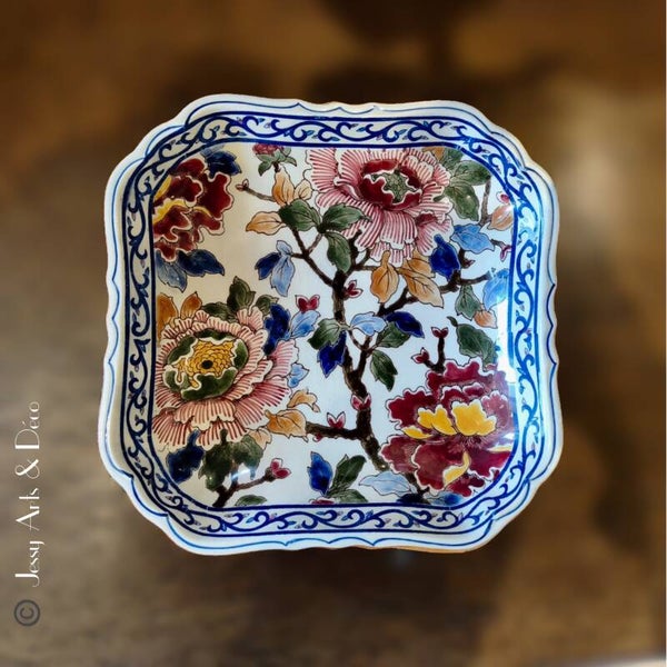 Coupelle carrée vintage en faïence de Gien - Décor « Pivoines » - 20x20 cm