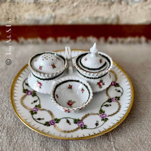 🧂Service à condiments en porcelaine à décor de roses, avec plateau