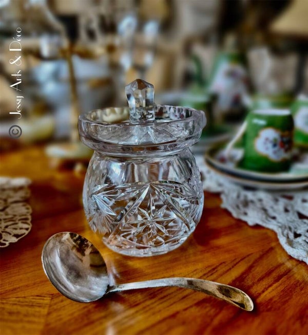 🍯 💎Ancien moutardier / confiturier en cristal taillé et sa cuillère en métal argenté