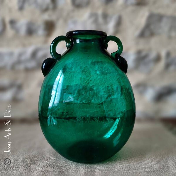 🦚 Vase en verre vert émeraude à deux anses – Hauteur 25 cm