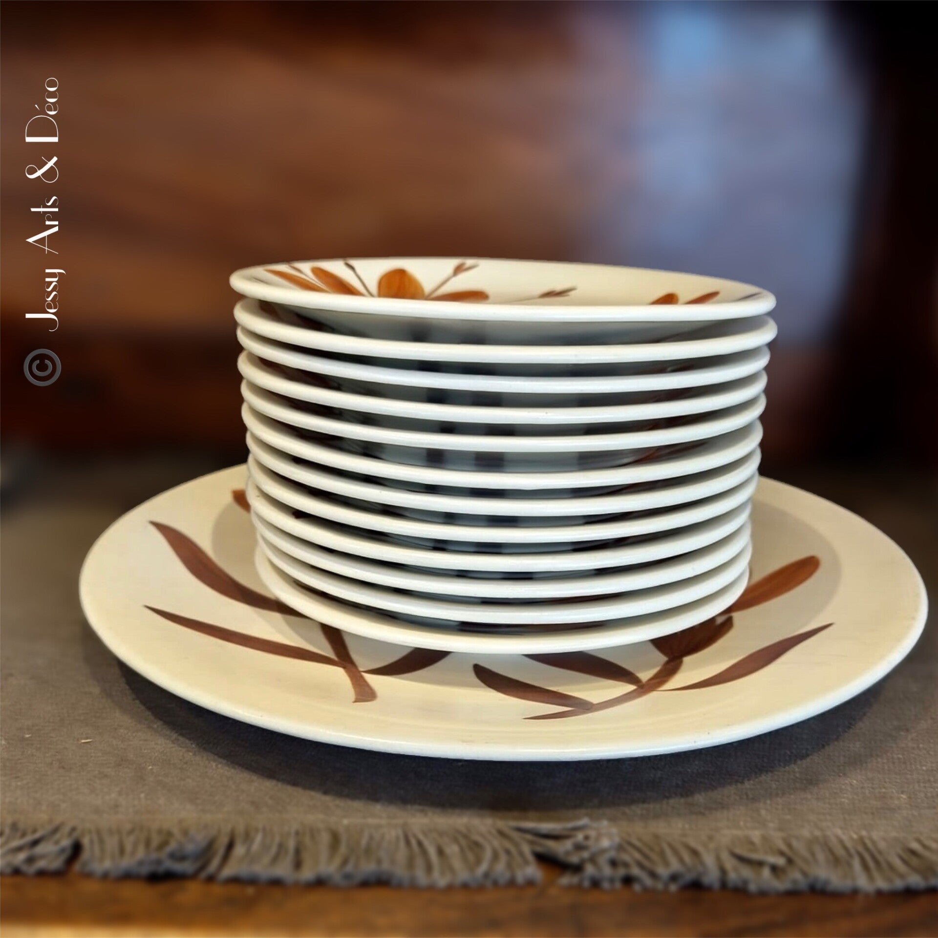 🍂 Service à dessert vintage en faïence de Longchamp – Décor floral ocre et brun